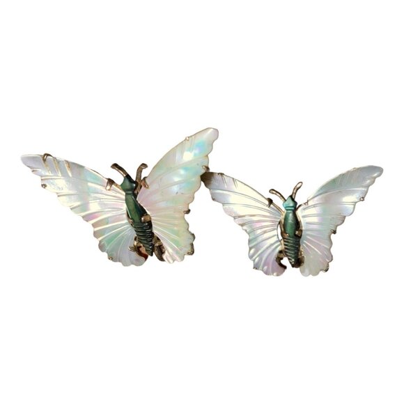 Earrings Screw-Back Butterfly MOP Mother of Pearl Gold Vintage Ocean Treasure St - Picture 2 of 9